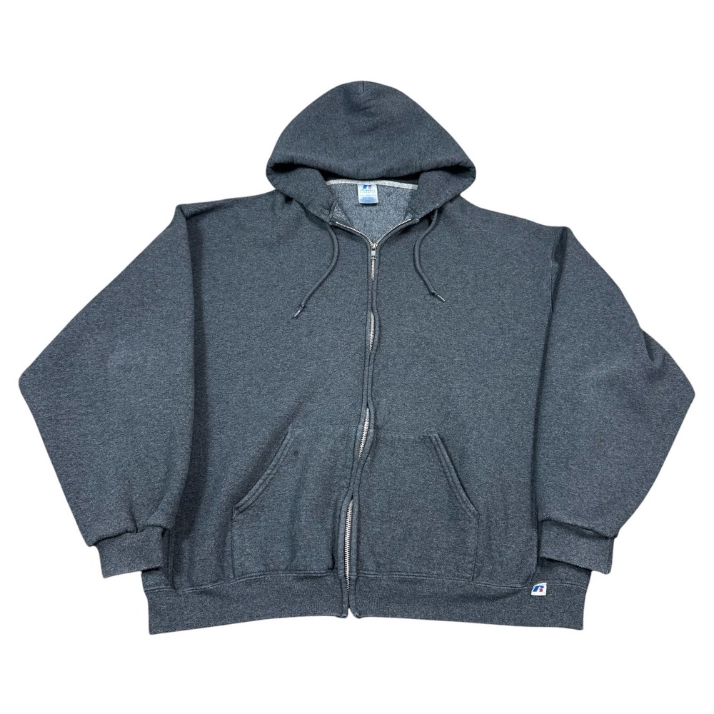 2000s Russell Athletic‎ Gray Full Zip Hoodie Sweatshirt Men's 2XL Boxy Flaws